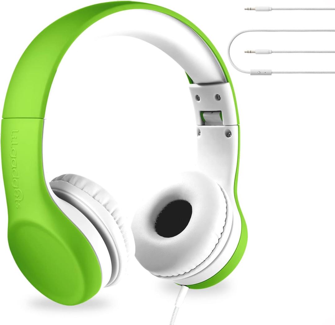 LilGadgets Connect+ Wired Kids Headphones for School with Mic, Foldable, Volume Limiting & Noise Reduction, On-Ear Headset with Cord, SharePort Technology & SoftTouch Padding, Green
