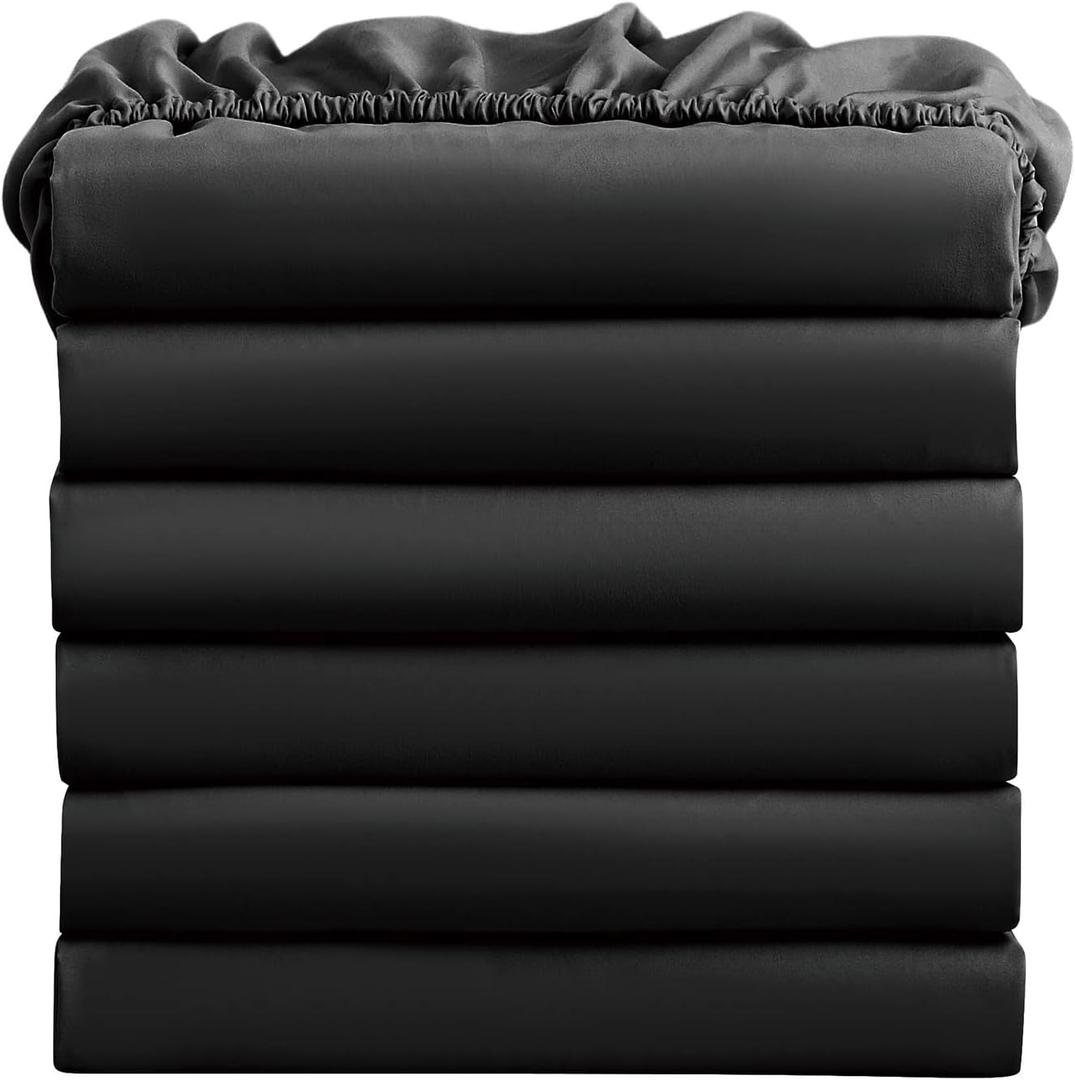 FreshCulture Twin Fitted Sheets, Bulk Pack of 6, Deep Pocket, Soft Microfiber Bottom Sheets for Home, Salons, Hotels, Twin Size Fitted Sheets Only (Black)