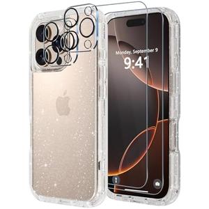 Diverbox for iPhone 16 Pro Max Case [Shockproof] [Dropproof] [Tempered Glass Screen Protector + Camera Protectors] Heavy Duty Protection Phone Case Cover for Apple iPhone 16 Pro Max (Glitter Clear)