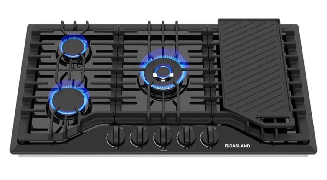 GASLAND Gas Cooktop 36 Inch with Griddle, PRO GH3365EF 5 Burner Propane Stovetop with Reversible Cast Iron Grill/Griddle, Gas Countertop Plug-in, NG/LPG Convertible Cooktops, Black