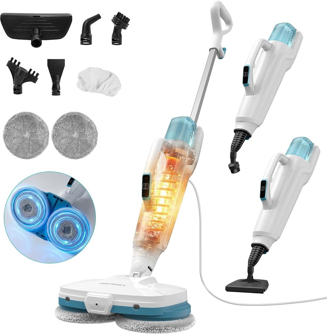 Aspiron Steam Mop, 10-in-1 Steam Mop and Handheld Steamer, 15s Heat-Up, Self-Rotating Scrub Pads, 2 Steam Modes with Spray,500ML Removable Tank,LED Light,Floor Steamer for Hardwood,Tile, Carpet,Car