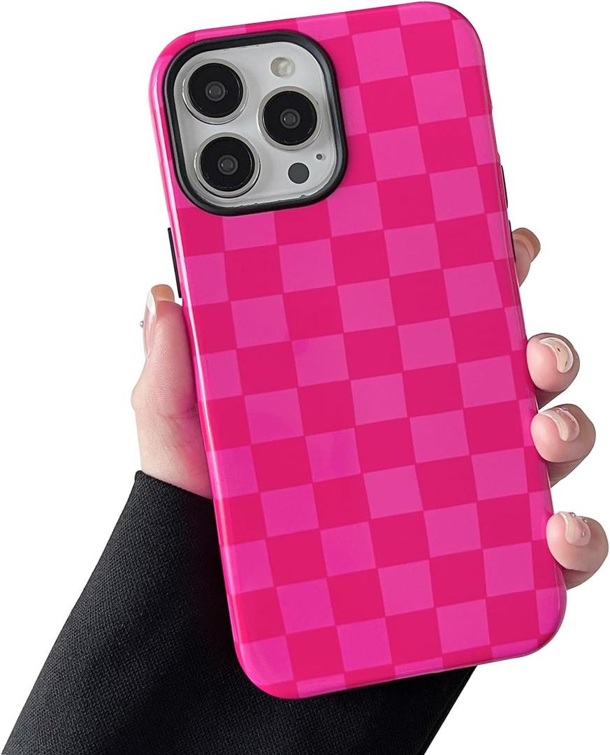 Compatible with iPhone 15 Pro Max Case, Cute Aesthetic Fashion Colorful Checkered Cover for Women, Shockproof Slim Soft TPU and Hard PC Protective Phone Case for iPhone 15 Pro Max - Hot Pink