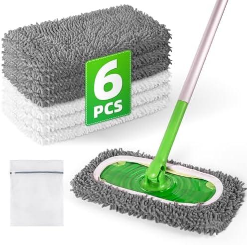 6 Pack Reusable Mop Pads Compatible with Swiffer Sweeper Mop, Wet and Dry Chenille Sweeping Cloths, Washable Pads Refill, Microfiber Pads for Multi-Surface/Hardwood Floor Cleaning (Gray, White)