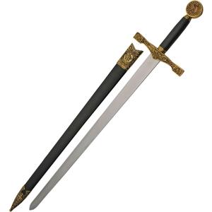 SZCO 33" Excalibur Medieval Sword King Arthur Replica Cosplay Sword with Stainless Steel Mirror-Finish Blade, with Gold Guard & Scabbard for Display, Costume, Decor & Collectors