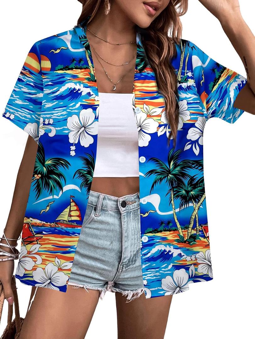 Hawaiian Shirts for Women Hawaii Tropical Button Down Tops Summer Beach Vacation Outfits Floral Short Sleeve Blouses (Blue, S)