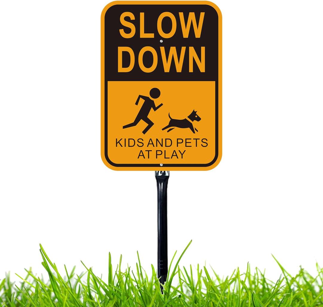 Felexdo Large Slow Down Sign with Stake, 14”x10”Kids and Pets at Play Yard Metal Sign with 36”Strong Steel Stake Easy Installation for Street or Roa
