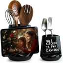 Utensil Holders for Countertop, 6.7"+4.5" Ceramic Cooking Utensil Crocks for Kitchen with Recipe Holders Utensil Organizers with Tablet Stand for Spatula, Halloween Decor, Set of 2, Black