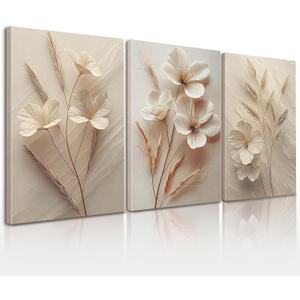 3 Pcs Floral Canvas Wall Art, Minimalist Cream Plant Pictures Wall Decor, Beige Botanical Canvas Prints, Spring Modern Farmhouse Paintings, Organic Artwork for Living Room Bedroom Bathroom 12x16 Inch