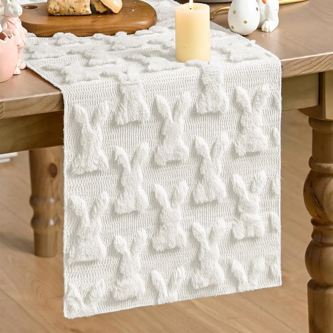 Artoid Mode White Soft Plush Faux Fur Jacquard Bunny Rabbit Easter Table Runner, Seasonal Kitchen Dining Table Decoration for Home Party Decor 13x120 Inch