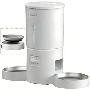 Automatic Cat Feeder for 2 Cats,6 Meals/Day,12 Portions/Meal,Dual Power Double Bowls,Dry Pet Food Autofeeder,10S Voice Record,Flexible Programmable Schedule Timer(White,Stainless Dual Bowls)