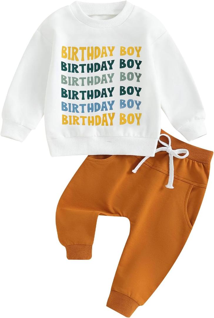 Kayotuas Toddler Baby Boy First Birthday Outfit Birthday Boy Shirt and Pants Jogger Set 2 Piece Infant Cute Fall Winter Clothes (White Birthday Boy Sweatshirt+Brown Pants, 2-3 Years)
