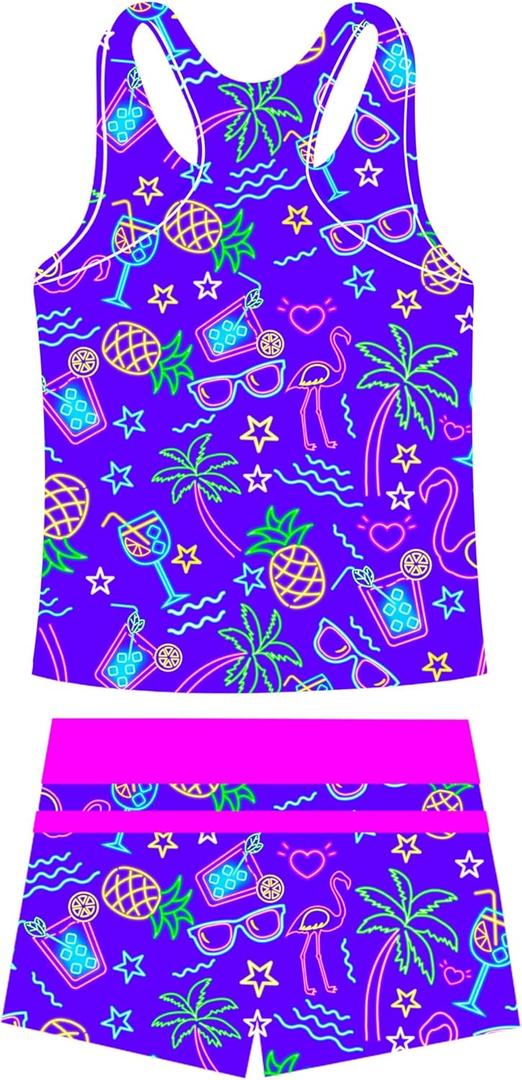 UNIFACO Girls Swimsuits Two Piece Tankini Bathing Suits Boyshort Summer Beach Rash Guard Swimwear for 4-13T (L)