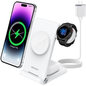 Nillkin 3 in 1 Magsafe Wireless Charging Station, Garmin Watch Charger Stand for Fenix 7/7S/8 Forerunner 245/745/945/965,Tactix,Enduro,Epix,Foldable Charger for iPhone 16/15/14 & AirPods with Adapter