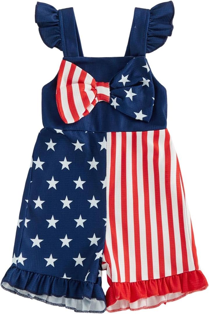 Ayalinggo 4th Fourth of July Baby Girl Outfit Toddler USA American Flag Romper Overalls Jumpsuit Independence Day Clothes, 2-3Y