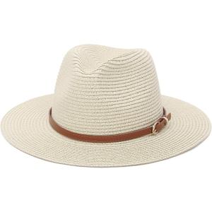 Straw Sun Hats for Women Men Panama Fedora Summer Hat with Leather Belt Wide Brim Beach Sun Jazz Cap (7-7 1/4, 1#beige)