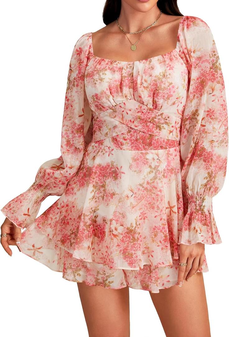 LYANER Women's Floral Print Off Shoulder Long Sleeve Ruffle Hem Romper Short Jumpsuit (Medium)