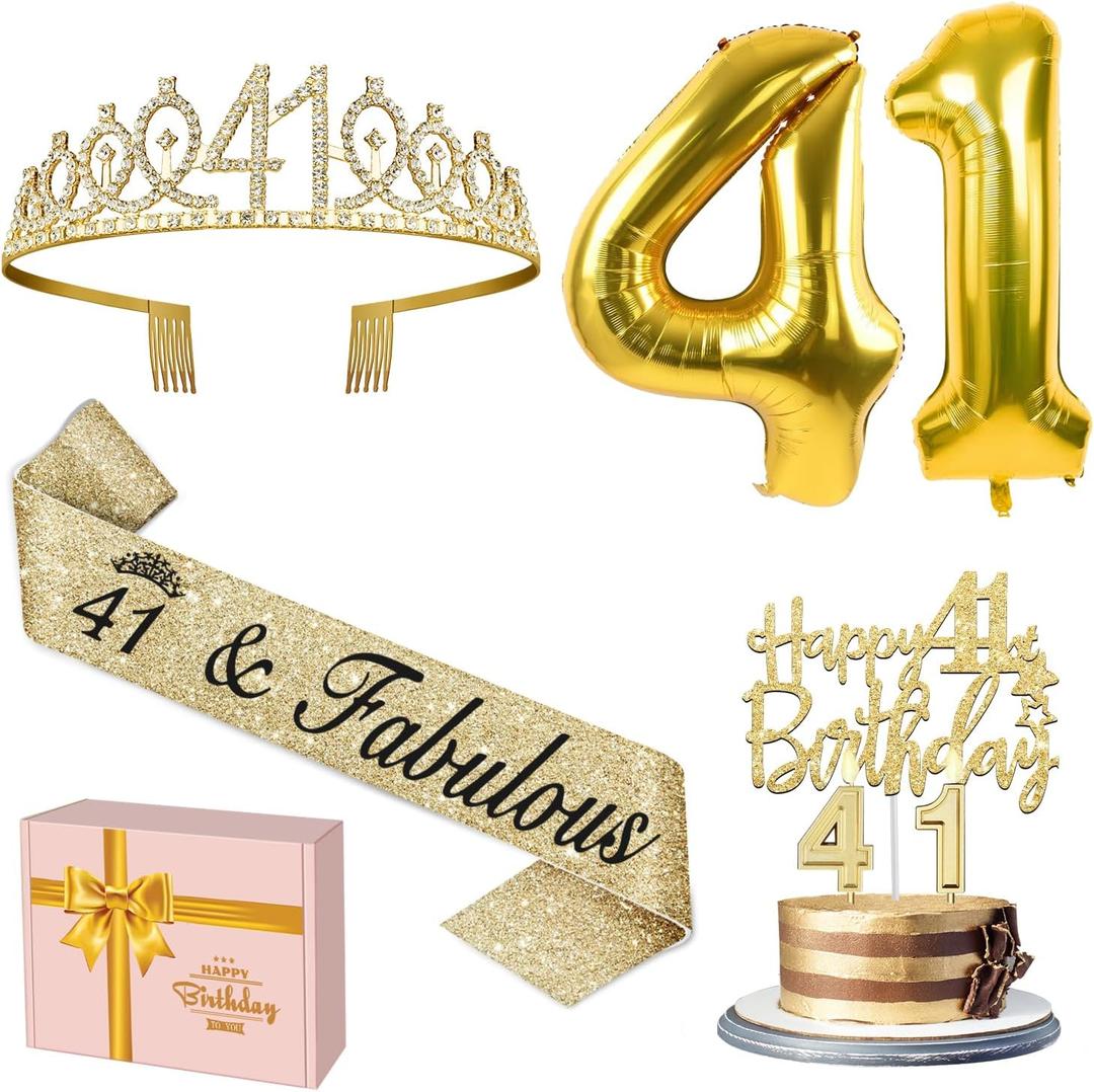 41st Birthday Decorations for Women Gold with 41st Birthday Sash and Tiara, Cake Topper and Candles, Number Balloons, 41 Year Old Gifts for Women
