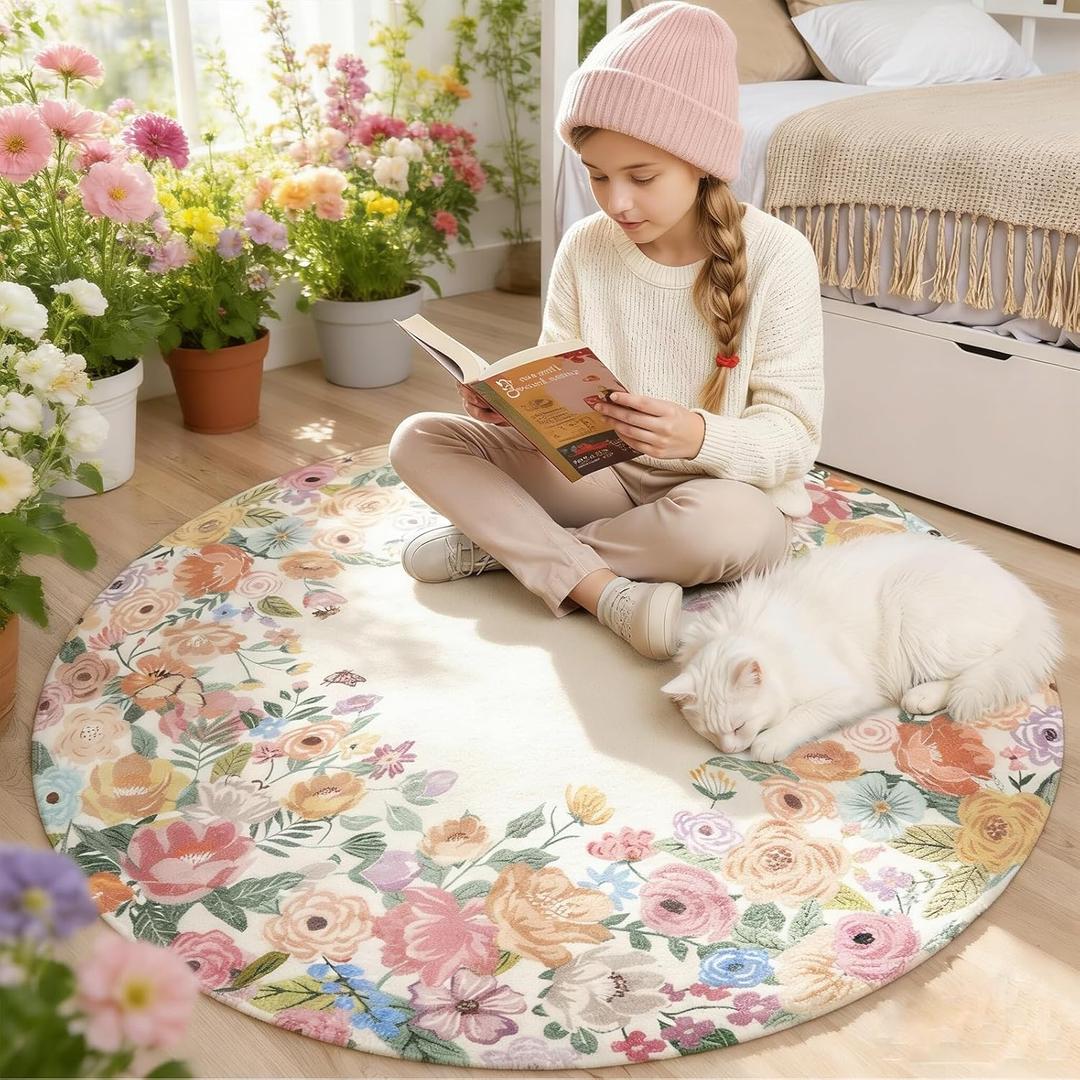 Wonnitar Washable 4ft Round Area Rug, Camellia Floral Living Room Rugs for Bedroom Girls, Low Pile Soft Flower Throw Carpet for Kids Nursery Room (Beige,4ft Round)