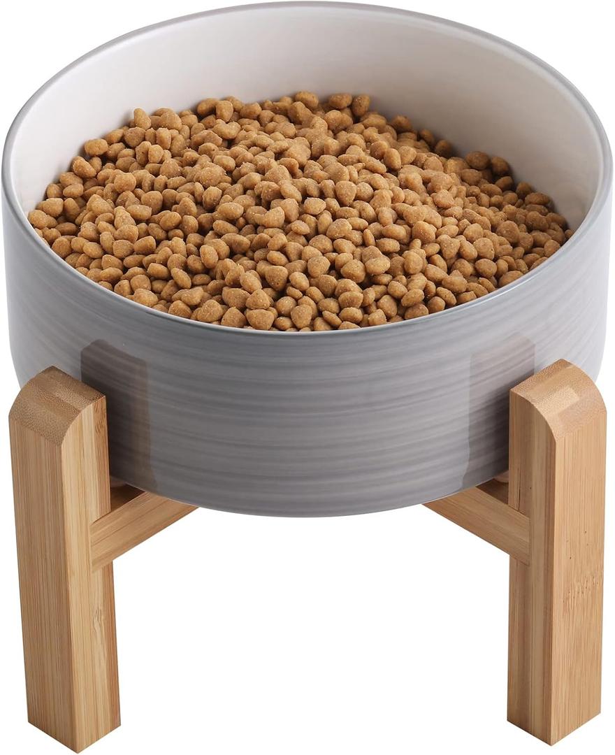 Elevated/Raised Dog Bowl Ceramic with Wood Stand for Medium Large Breed,Dog Food Water Dish Heavy Weighted,8 in Non Slip Modern Cute Porcelain Pet Bowl Extra Large Grey White