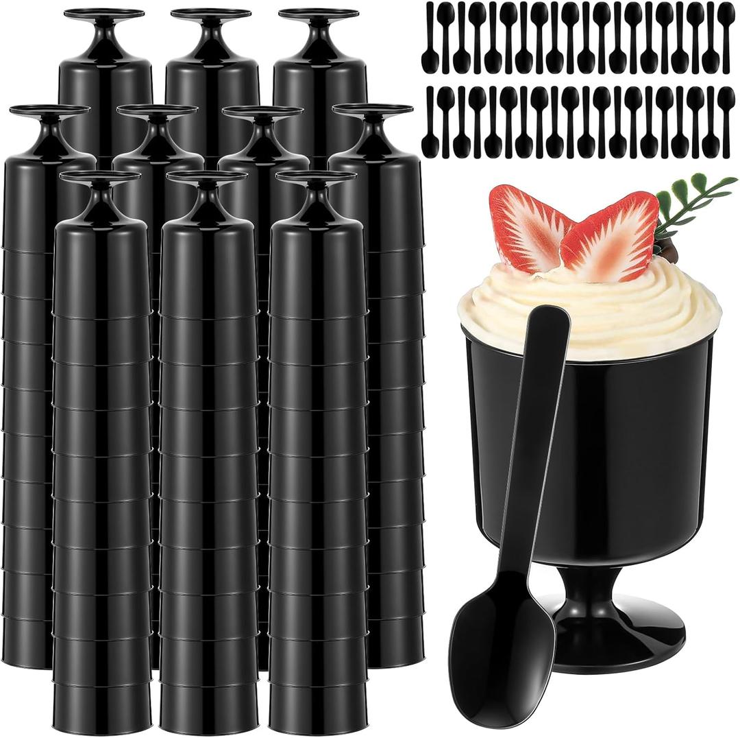 200 Pcs Black Dessert Cups with Spoons Small Plastic Goblets Disposable Parfait Charcuterie Cups Pudding, Mousse Set for Party(6 oz,Goblet)