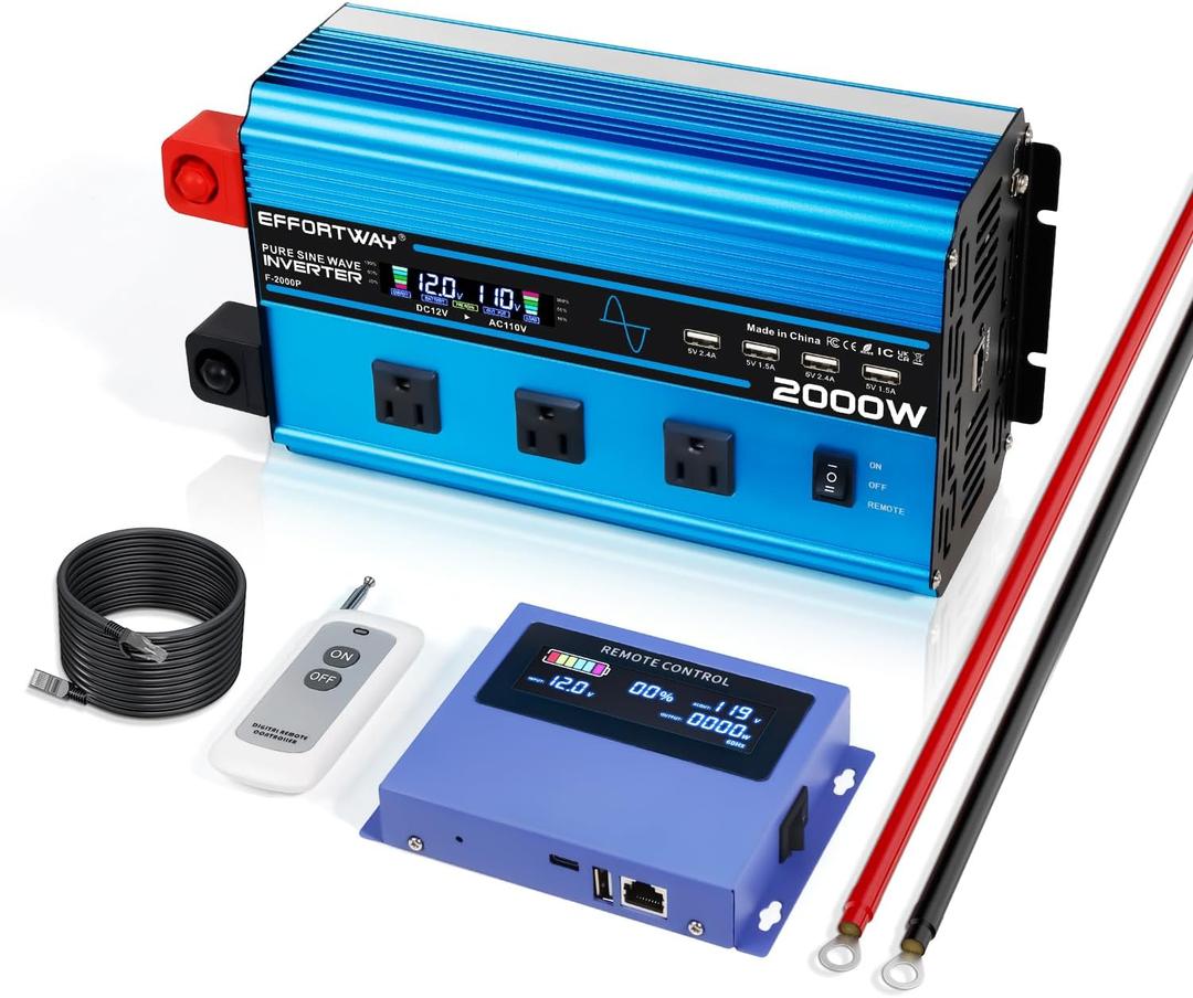2000W Pure sine Wave Inverter 4000W (Peak) DC 12V to AC 110V/120V Converter with LCD Display Wireless/Wired Remote Control 3AC Outlets and 4USB for Camping RV Travel Off-Grid Solar Systems
