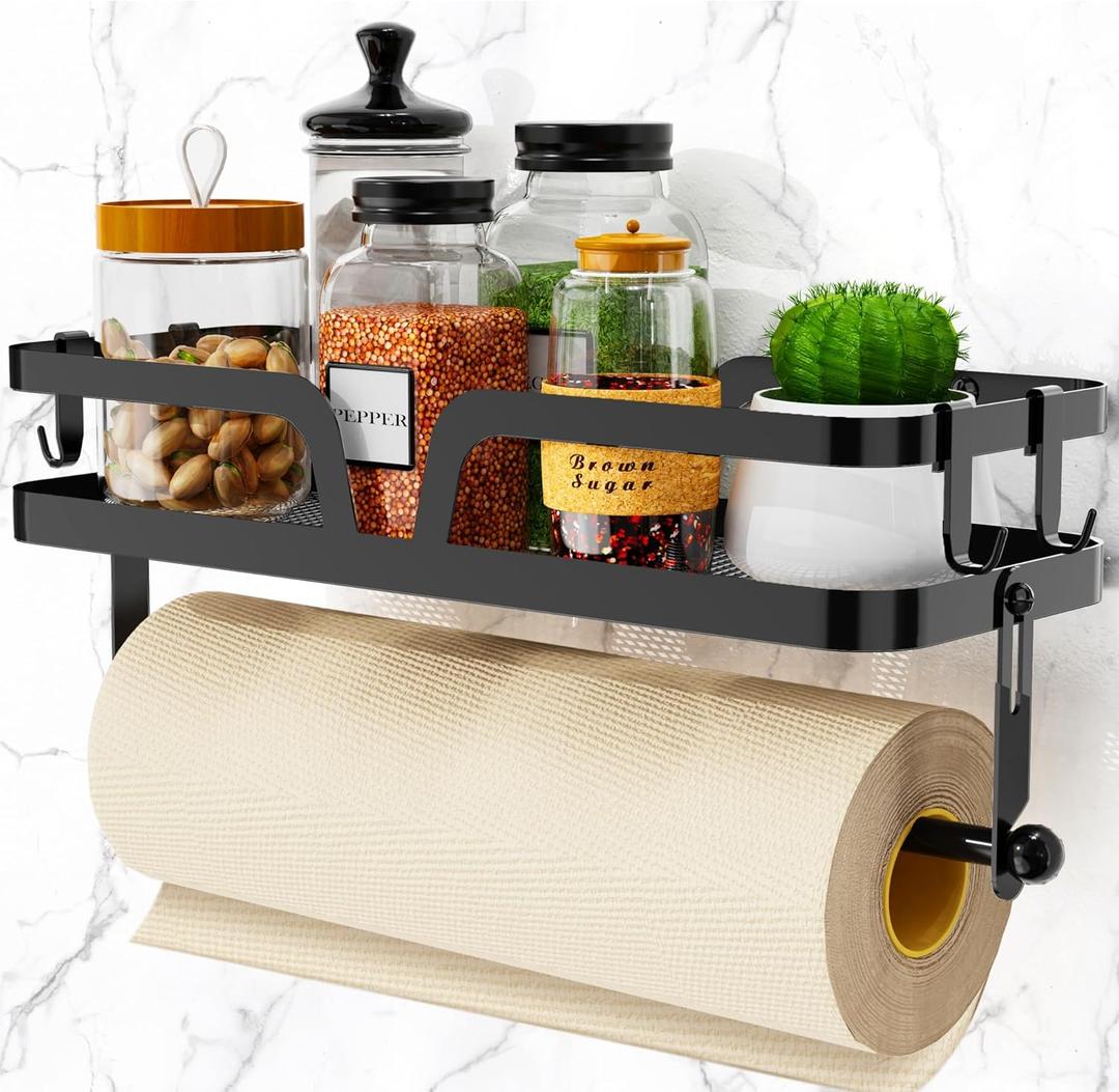 Taozun Paper Towel Holder with Shelf, Kitchen Paper Holder Spice Rack Black Paper Towel Roll Holder RV Paper Towel Rack with 4 Hooks(2 Installation Methods - Self-Adhesive and Drilling)