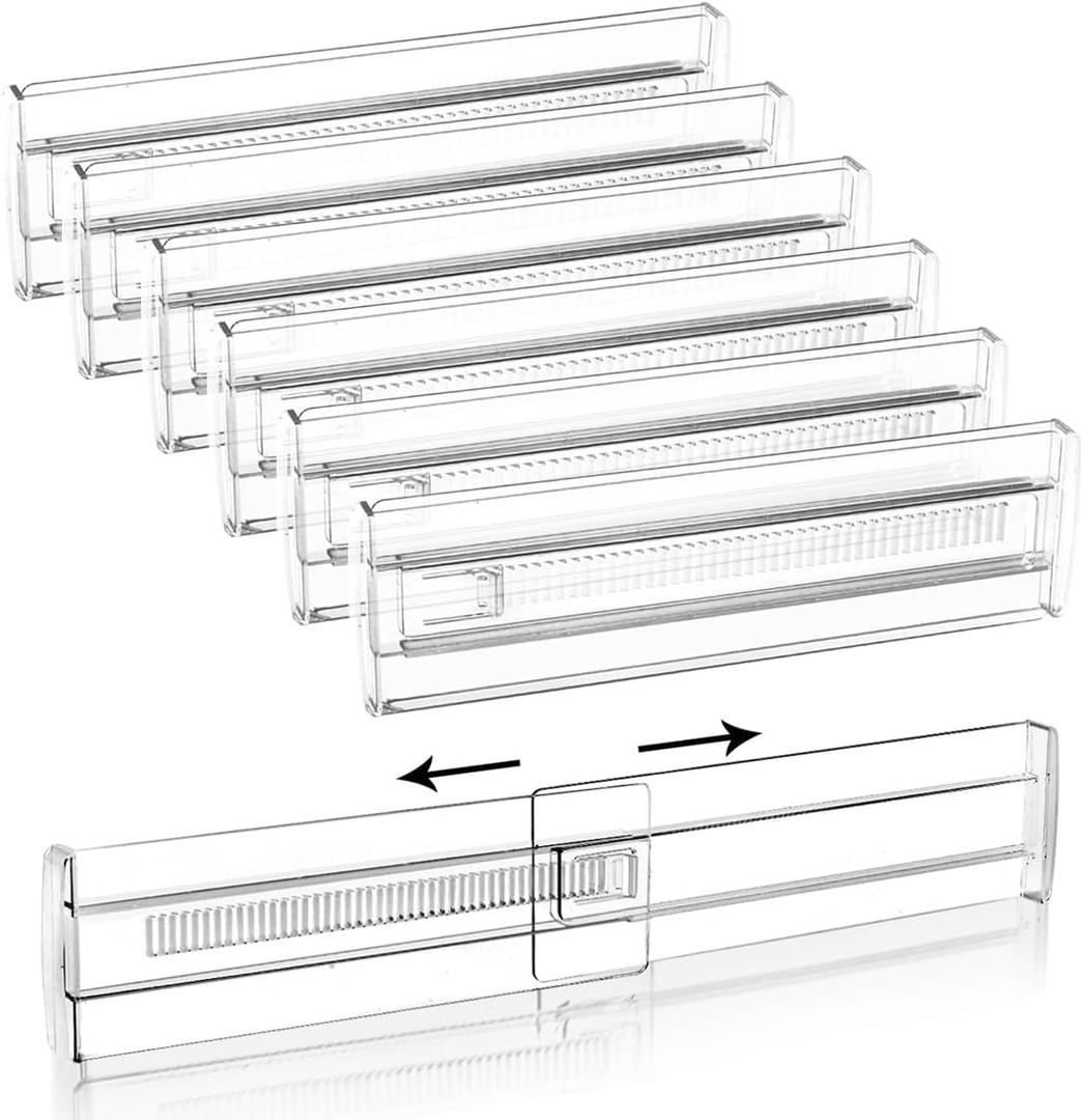 6 Pack Adjustable Drawer Dividers(11.34-19.88") 3.15" Expandable Clear Drawer Dividers for Kitchen, Bedroom & Office Dresser Drawer Organizers for Clothes, Utensils and Baby Nursery Storage (Medium)