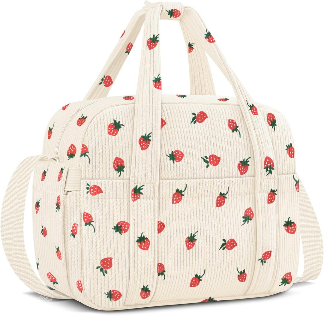 Corduroy Lunch Box Lunch Bag for Women Men, Cute Strawberry Small Insulated Reusable Work Leakproof Simple Lunch Boxes Tote Bag Adults Cooler Bag, with Shoulder Strap