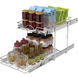 OCG 2 Tier Pull Out Cabinet Organizer (12.5" W x 21" D), Pull Out Drawers for Kitchen Cabinets, Pull Out Shelves for Base Cabinet Organization in Kitchen Bathroom Pantry, Chrome Finish