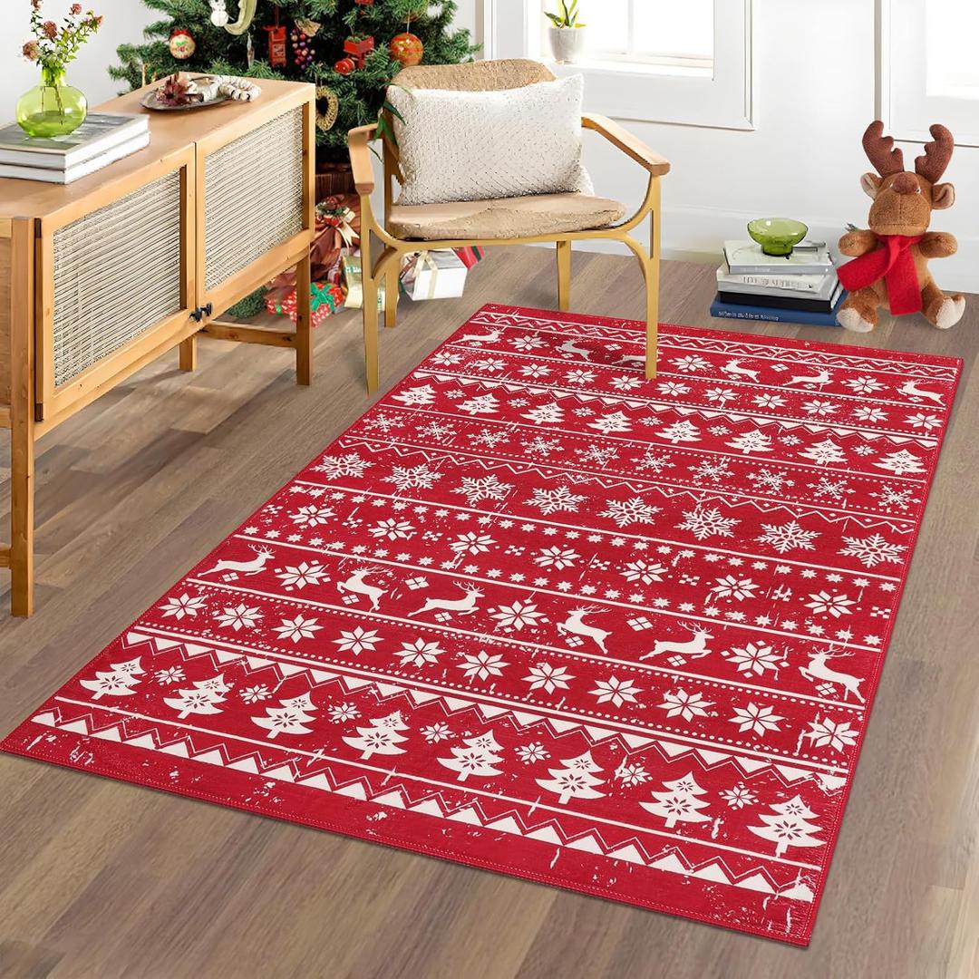 SHACOS Christmas Area Rug 3x5ft Red Snowflakes Christmas Tree Deer Xmas Holiday Decor Non Slip Soft Washable Christmas Decorative Rug Living Room Indoor Accent Rug Entrance Carpet Bedroom Entryway