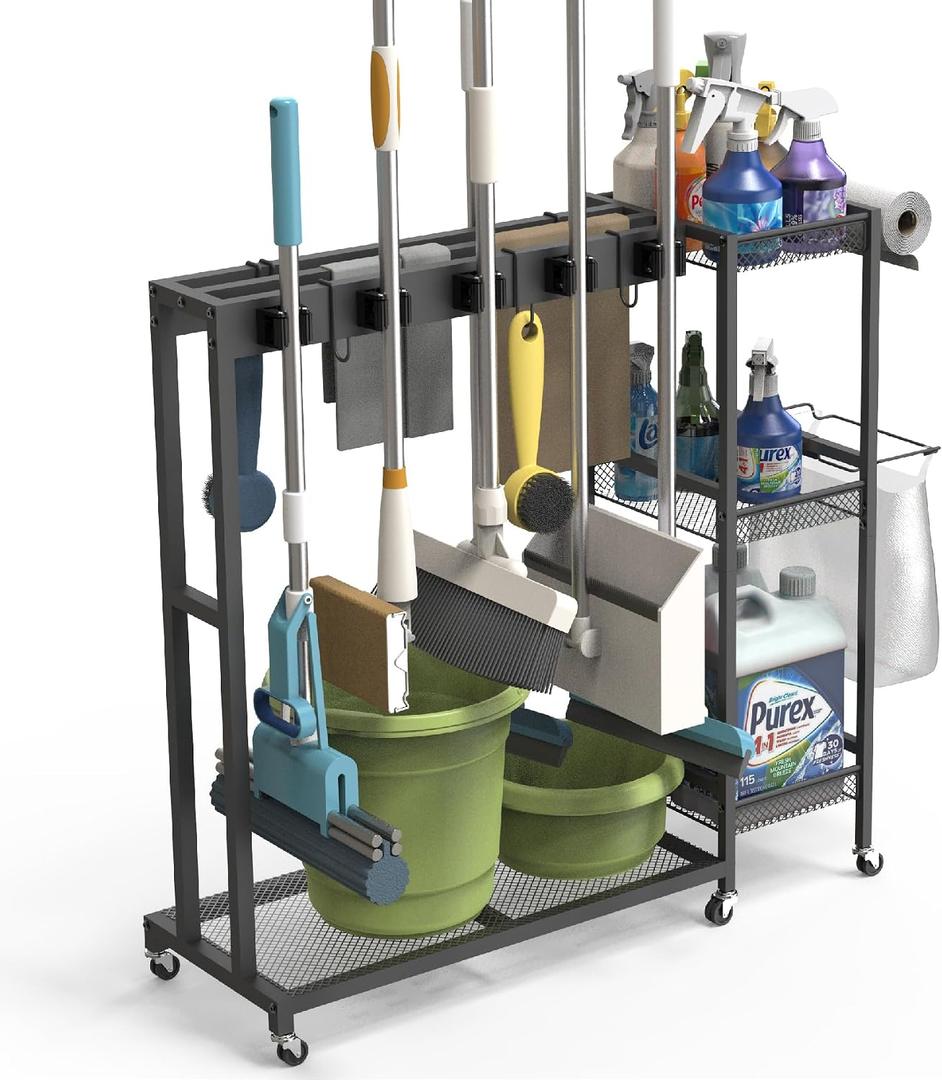 Rolling Cleaning Cart with Wheels, Mop and Broom Holder Organizer, Heavy Duty Utility Cleaning Supply Rack with Storage Shelves & Hooks for Garage, Laundry Room, Kitchen