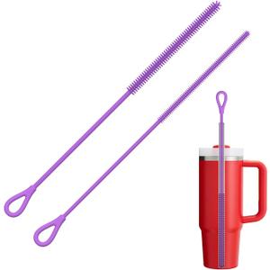 YOTIME Silicone Straw Cleaner Brush, 2Pcs Reusable Straw Brush Extra Long for Cleaning Tumbler with Handle and Glass Metal Smoothie Straws, Non-slip Handle Soft and Bendable, 6mm+9mm, Purple