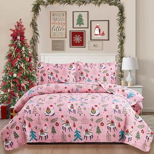 Christmas Bedspread Coverlets Full/Queen Size Girls Quilt Set Xmas Pink Alpaca Bedding Kids Lightweight Bedspread Reversible Quilts Christmas Holiday Bed Cover Set1 Quilt and 2 Pillow Shams