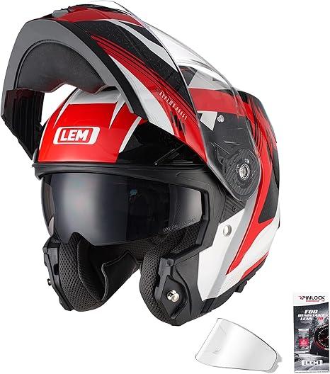 LEM Modular Motorcycle Helmets Fiberglass, Full Face Motorcycle Helmet Flip Up for Touring, DOT Certified, Release Sun Visor & Removable Comfort Liner, Lightweight Street Bike Helmet (Red/White,M)