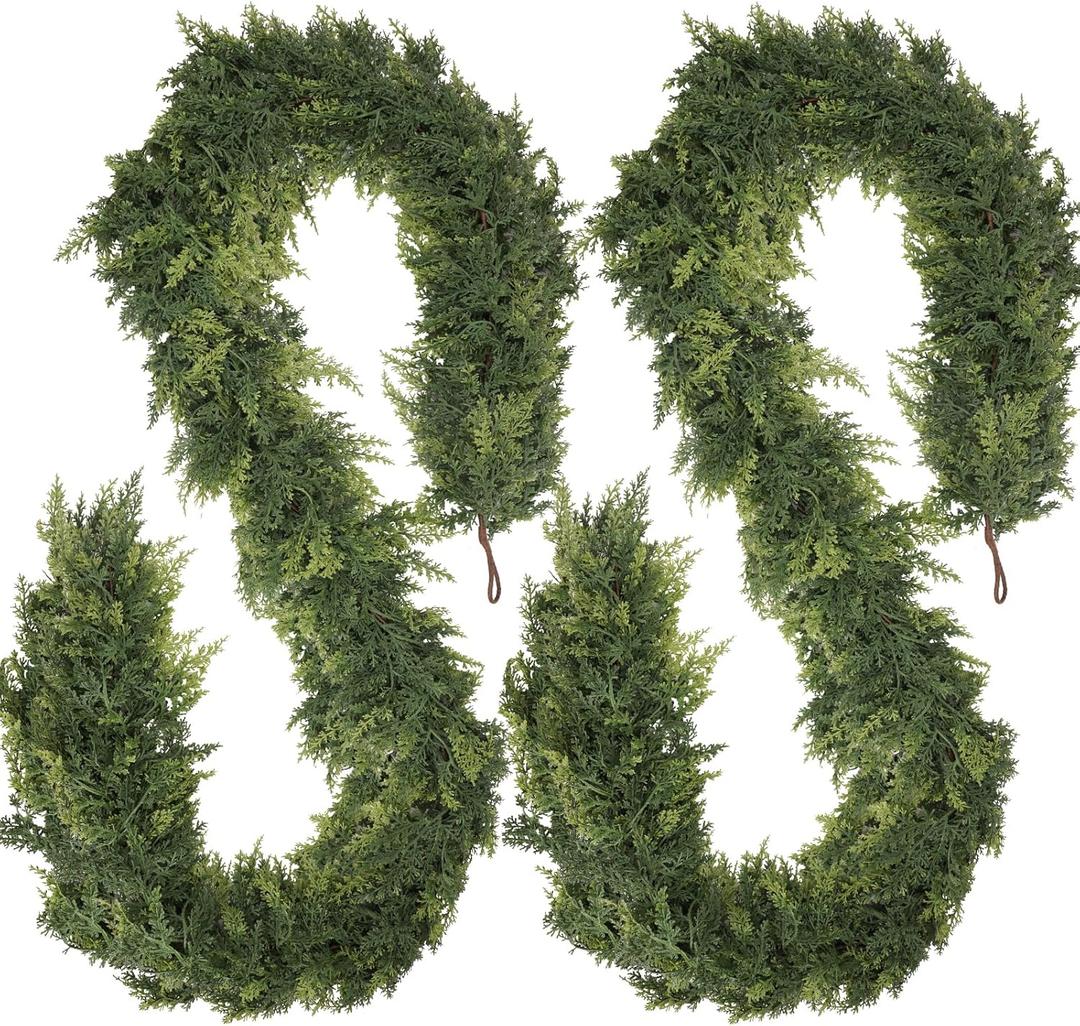 2 Pcs 9FT Christmas Cedar Garland Artificial Realistic Faux Green Cedar Pine Garland Real Touch Christmas Garland for Xmas Home Decoration Indoor Stairs Railing Fireplace Outdoor