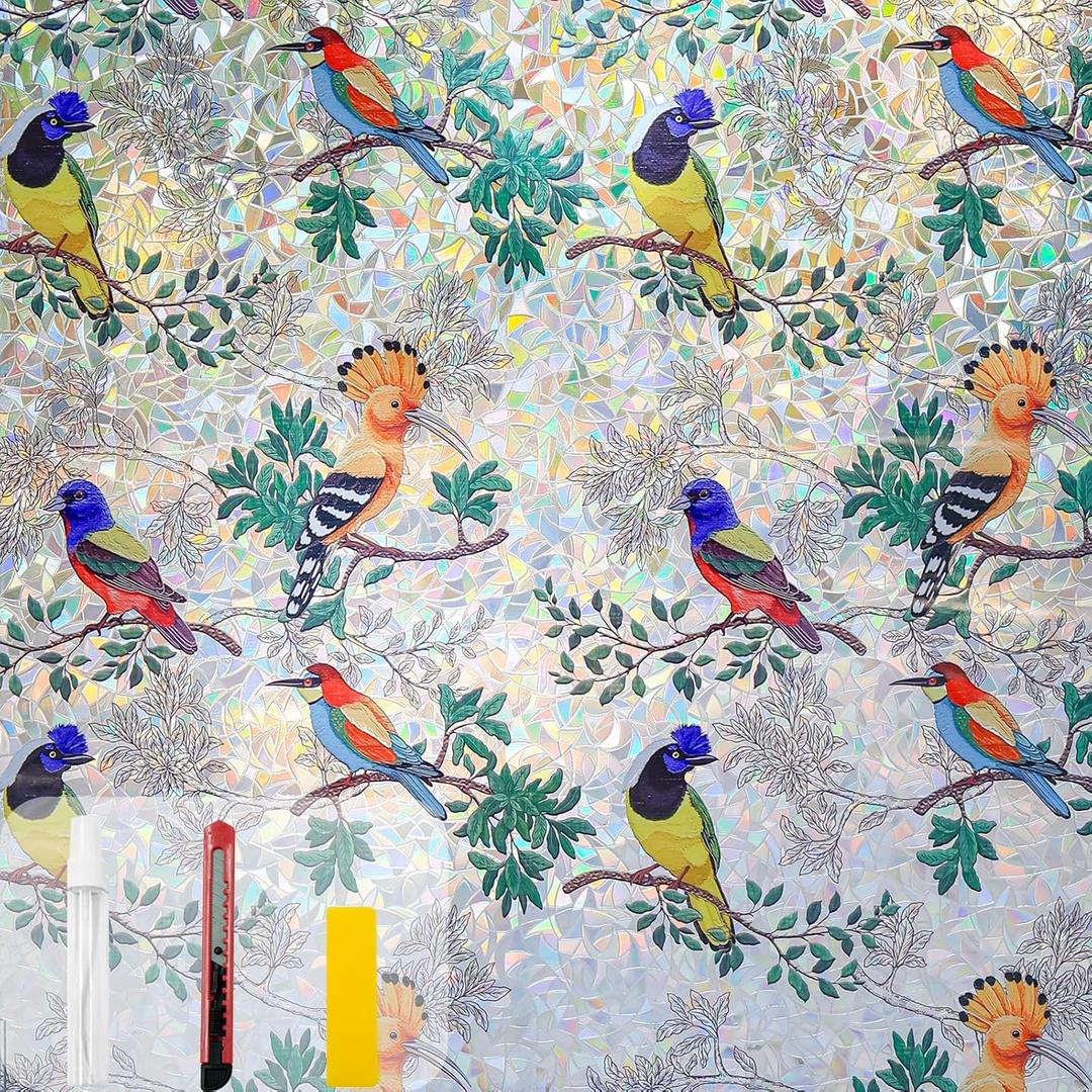 COUNTEWOL Colorful Bird and Floral Window Privacy Film Stained Glass Window Film Rainbow Window clings Non-Adhesive Reusable Decorative for Room (Colorful Birds, 17.5 x157.4 in)