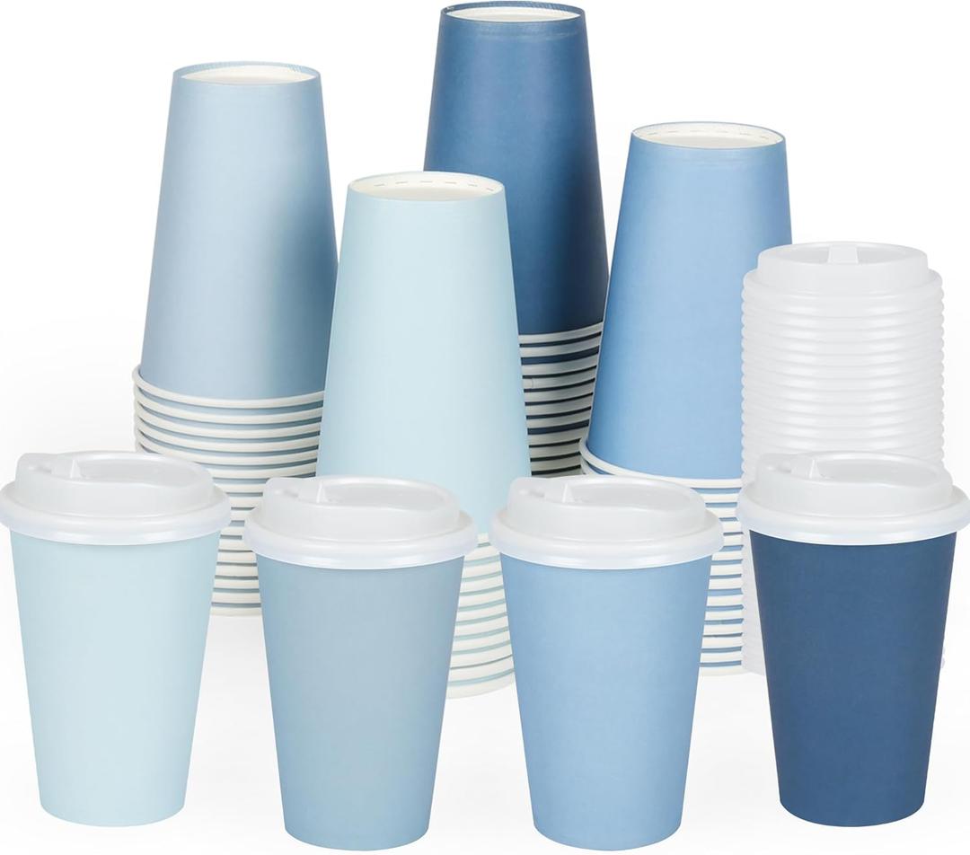 40 Pcs 12 oz Dusty Blue Disposable Coffee Cups with Lids Dusty Blue Gradient Party Paper Cups Baby Shower Light Blue Cups for Hot Cold Beverage Water Juice Coffee Tea Wedding Baby Shower Supplies