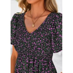 PRETTYGARDEN Boho Dresses for Women 2026 Summer Floral Short Sleeve V Neck Smocked Flowy Beach Vacation Maxi Dress, Large 