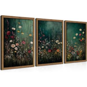 Vintage Wildflower Wall Art Set of 3, Moody Dark Green Flower Botanical Wall Decor Paintings,Nature Floral Farmhouse Landscape Posters Prints Pictures for Living Room Bedroom 16x24 Inch Wood Framed, 24L" x 16W"