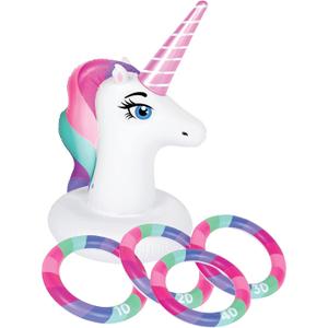 Unicorn Ring Toss Pool Toys - Inflatable Unicorn Party Decorations with Unicorn Base and 4 Toss Rings Summer Pool Float Party Decor - for Kids 3 Years Old and Up