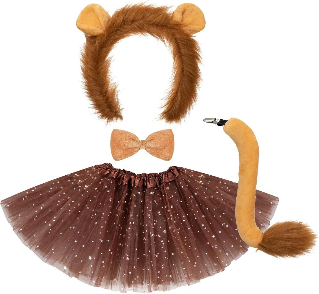 4 Pcs Halloween Costume Set Animal Ears Headband Tail Bowtie Tutu Skirt for Kids Adult Halloween Dress Up (Lion)
