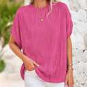 PRETTYGARDEN Women's Tops 2025 Summer Casual Crewneck Short Sleeve Textured Shirts Going Out Work Blouse Basic Tunic Top (Pink, L)