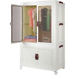 Stackable Closet Storage Bins, Collapsible Clothes Organizers, Portable Wardrobe Closet with Lids and Doors, Movable Clothes Storage with Coat Hangers, White