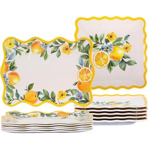 6.6 Inch Square Plates & 8.8 Inch Rectangle Plates, Melamine Dinnerware Set for RV, Camping, Outdoor, Lemon Design, 12 Pcs, Lightweight & Durable