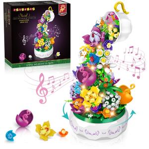 HOGOKIDS Flowers Music Box Building Block Kit with Light- 571PCS Valentines Day Gifts Decoration Rotating Music Box Blocks Set | Botanical Collection Birthday Gift for Girls Boys Adults Kids Ages 6+