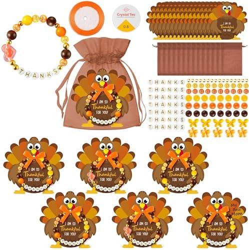 BeYumi Thanksgiving Bracelet Craft Kit - 24 Pack Fall DIY Thanks Letter Beads Friendship Bracelets with Turkey Gift Cards Thankful Craft Kit Party School Classroom Fun Activities for Kids Ages 6-12