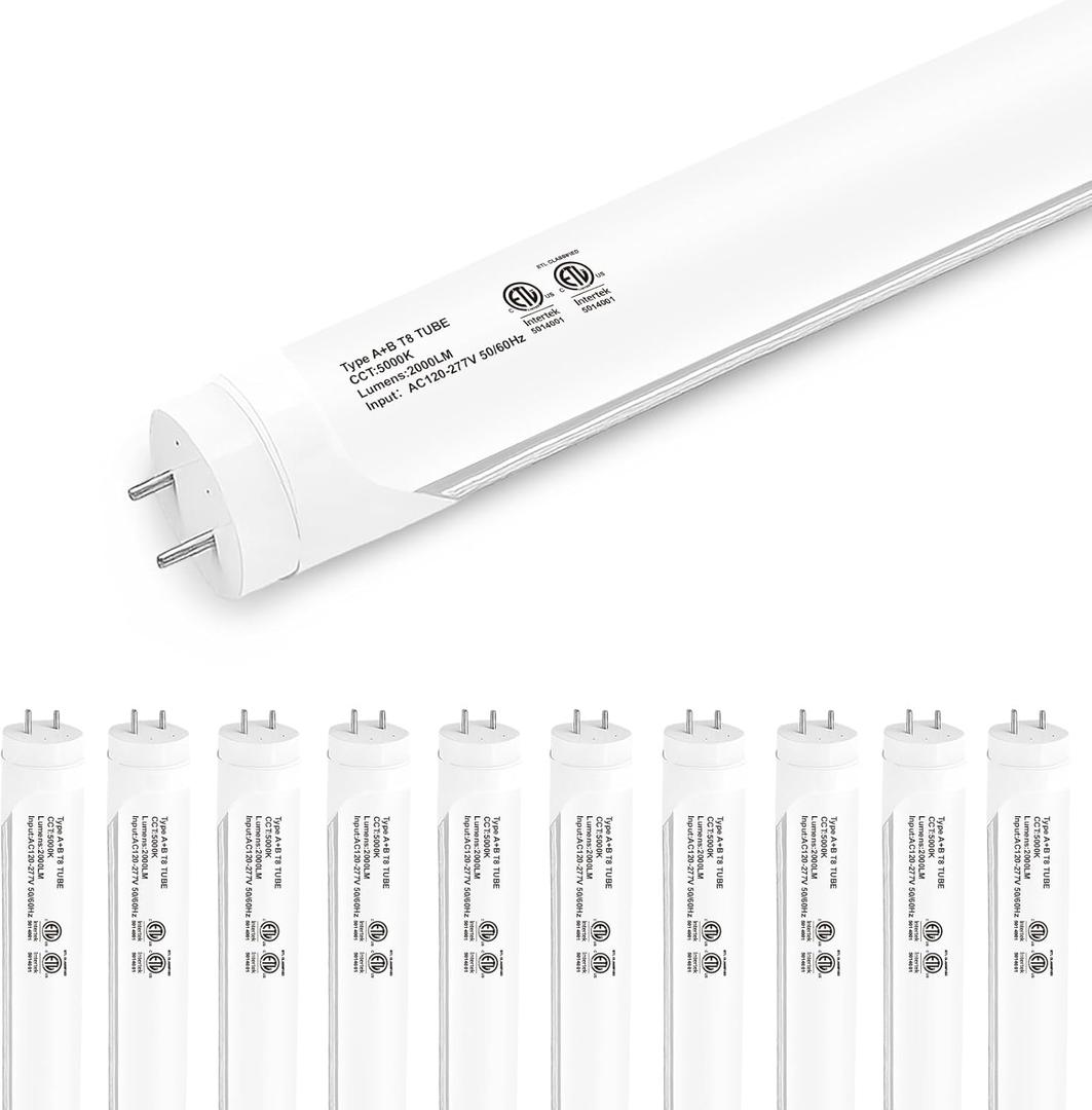 10-Pack T8 LED Tube Lights 4ft, 48 Inch Replacement Bulbs, 5000K Pure Daylight, Hybrid Type A+B Single/Double Ended, Frosted Lens, ETL Certified