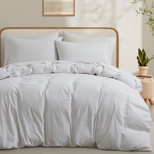White Duvet Cover Full Size, 100% Washed Cotton Linen Like Bedding Set with Zipper Closure (No Comforter), 80x90 Inches