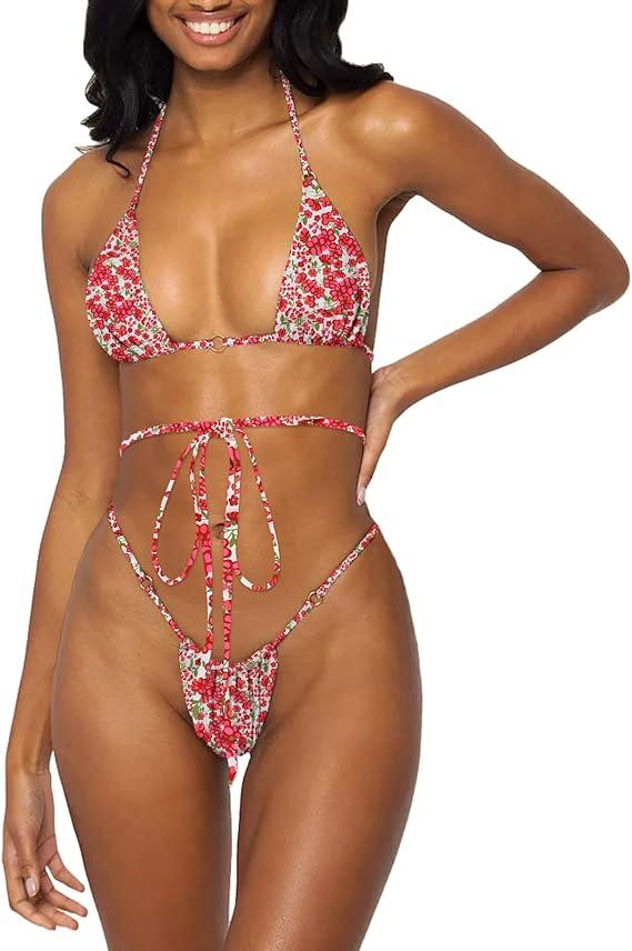 Women Halter String Bikini Set Sexy Thong Cheeky Two Piece Swimsuits Solid Color Bathing Swimwear (Small, Red Flower)