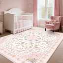 Area Rug - Vintage 8x10 Non-Slip Backing Area Rugs Light Pink Soft Faux Wool Carpet Foldable & Machine Washable Rugs for Living Room Bedroom Dining Room Nursery Home Office